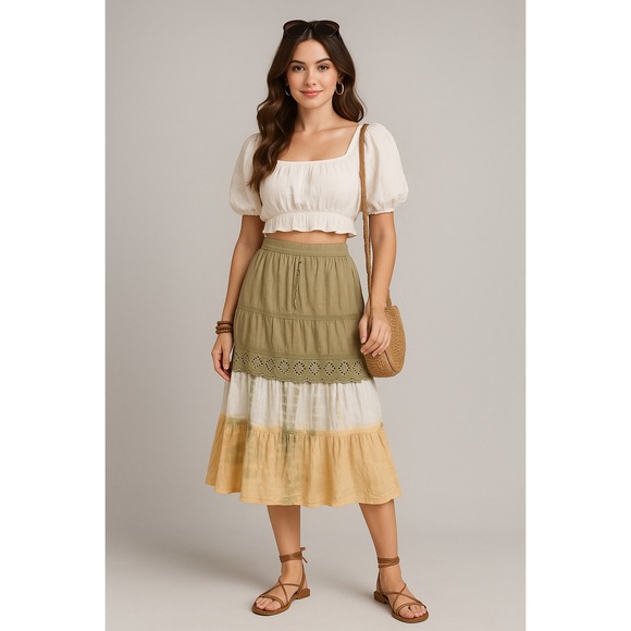 Cute Options Skirt Women 18/20 Green Yellow Tie Dye Tiered Boho Lace Cottagecore - Picture 1 of 11